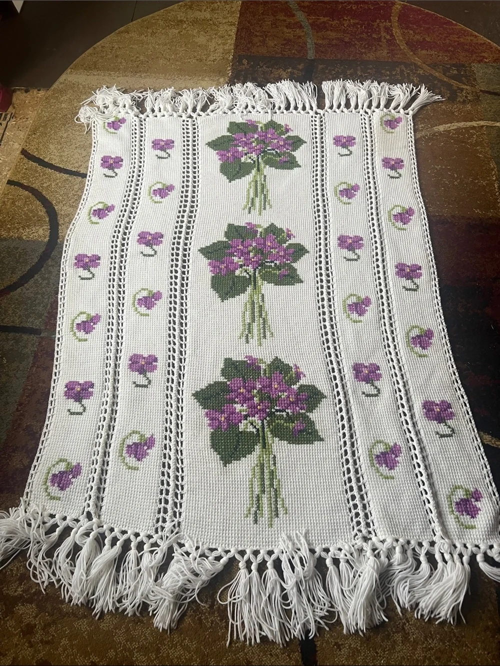 Handmade White Crochet throw with Purple Floral Motif